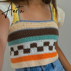 Vintage Patchwork Knitted Sweater Vest Y2K Aesthetic Ruffles Tank Top 90s 00s Retro Square Collar Crop Top Women Kawaii Clothes Aiertu