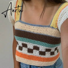 Vintage Patchwork Knitted Sweater Vest Y2K Aesthetic Ruffles Tank Top 90s 00s Retro Square Collar Crop Top Women Kawaii Clothes Aiertu