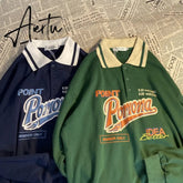 Vintage Polo Collar Oversized Hoodies Women Korean Autumn Letter Print Sweatshirt Harajuku Bear Tops Long Sleeve Plus Size Aiertu