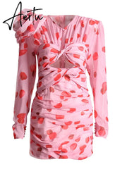 Vintage Print Floral Mini Dress For Women Round Neck Long Sleeve Cut Out High Waist Pleated Dresses Female Clothing New Aiertu