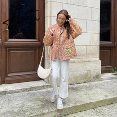 Vintage Printed Flower Cotton Jacket Women Long Sleeve Single Breasted Short Cardigan Autumn Chic Ladies High Streetwear Aiertu