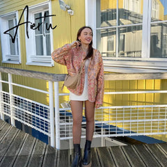 Vintage Printed Flower Cotton Jacket Women Long Sleeve Single Breasted Short Cardigan Autumn Chic Ladies High Streetwear Aiertu