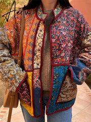 Vintage Printed Flower Cotton Jacket Women Long Sleeve Single Breasted Short Cardigan Autumn Chic Ladies High Streetwear Aiertu