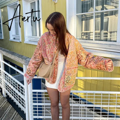 Vintage Printed Flower Cotton Jacket Women Long Sleeve Single Breasted Short Cardigan Autumn Chic Ladies High Streetwear Aiertu