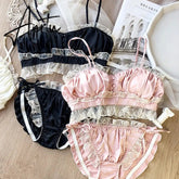 Vintage satin lace wire free bandeau bra set private house sexy fairy lingerie sets nightwear cotton cup underwear Aiertu