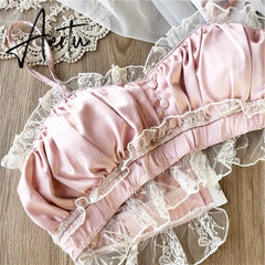 Vintage satin lace wire free bandeau bra set private house sexy fairy lingerie sets nightwear cotton cup underwear Aiertu