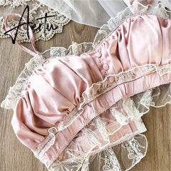 Vintage satin lace wire free bandeau bra set private house sexy fairy lingerie sets nightwear cotton cup underwear Aiertu