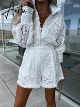 Vintage Single Breasted Hollow Out Shorts Sets Long Sleeve White Casual Party 2 Pcs Lace Outfits Women Femme Pajama Suits Aiertu