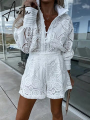 Vintage Single Breasted Hollow Out Shorts Sets Long Sleeve White Casual Party 2 Pcs Lace Outfits Women Femme Pajama Suits Aiertu