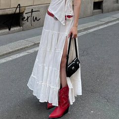 Vintage Solid White Split Long Skirt Casual Low Rise Harajuku Loose Summer Midi Skirts For Women y2k Cute 2000s Outfits Aiertu