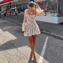 Vintage White Lace Mini Dress For Women Flared Long Sleeve Party Evening Dress A-Line Short Prom Dress Elegant Gown Aiertu