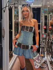 Vintage Y2k Strapless Denim Dress Women Summer Bodycon Sexy Korean Fashion Kpop Belt Pleated Mini Dress 2000s Streetwear Aiertu