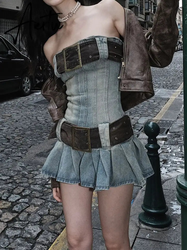 Vintage Y2k Strapless Denim Dress Women Summer Bodycon Sexy Korean Fashion Kpop Belt Pleated Mini Dress 2000s Streetwear Aiertu