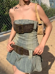 Vintage Y2k Strapless Denim Dress Women Summer Bodycon Sexy Korean Fashion Kpop Belt Pleated Mini Dress 2000s Streetwear Aiertu