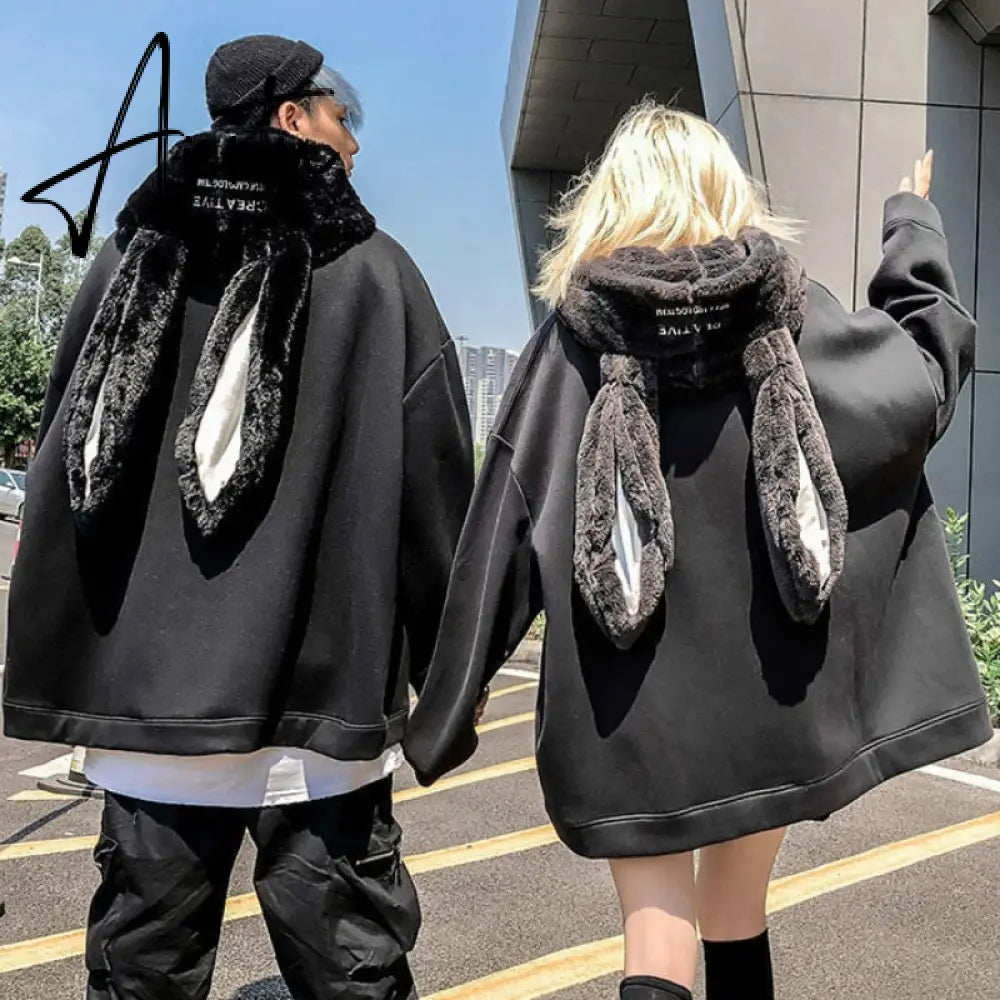 VOOCIEC Autumn Gothic Harajuku Style Couple Hoodie Cute Rabbit Ear Pullover Fashionable Loose Slim Long Couple's Preppy Coath Aiertu