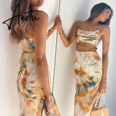 Waist Cut Out Criss Cross Sexy Summer Tie-dyed Midi Dress Ladies Elegant Beach Boho Slip Long Dress Sleeveless Sundress Aiertu