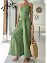 Waist Folds Backless Double Strap Casual Wide Leg Jumpsuit Long Pants Green 2023 New Female Loose Jumpsuit Aiertu