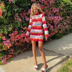 Wave Striped Patchwork Y2K Mini Dresses Backless Long Sleeves Elegant Sundress Fashion Cute Aesthetic 90s Outfits Cuteandpsycho Aiertu