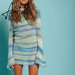 Wave Striped Patchwork Y2K Mini Dresses Backless Long Sleeves Elegant Sundress Fashion Cute Aesthetic 90s Outfits Cuteandpsycho Aiertu