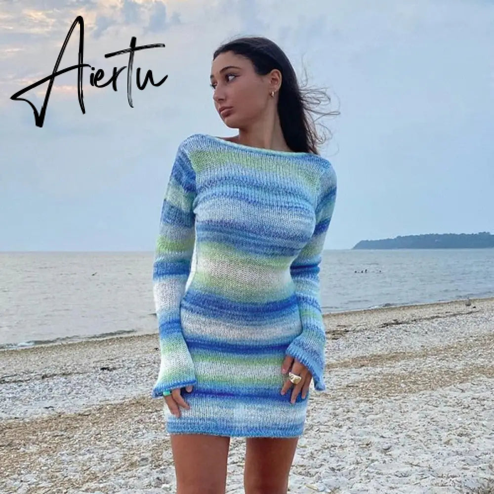 Wave Striped Patchwork Y2K Mini Dresses Backless Long Sleeves Elegant Sundress Fashion Cute Aesthetic 90s Outfits Cuteandpsycho Aiertu
