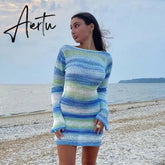 Wave Striped Patchwork Y2K Mini Dresses Backless Long Sleeves Elegant Sundress Fashion Cute Aesthetic 90s Outfits Cuteandpsycho Aiertu