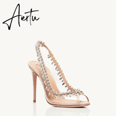 Wedding Crystal Women Pumps Transparent Sexy Ankle Strap Rhinestones Tassel Pendant High Heels Fashion Summer Party Prom Shoes Aiertu