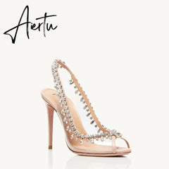 Wedding Crystal Women Pumps Transparent Sexy Ankle Strap Rhinestones Tassel Pendant High Heels Fashion Summer Party Prom Shoes Aiertu