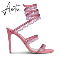Wedding Fairy Wind Quality Women's Shoes Party Banquet Stiletto High-heel Sexy Snake Wrap Strap Luxury Rhinestone Ankle Sandals Aiertu