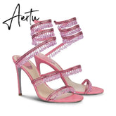 Wedding Fairy Wind Quality Women's Shoes Party Banquet Stiletto High-heel Sexy Snake Wrap Strap Luxury Rhinestone Ankle Sandals Aiertu