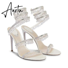 Wedding Fairy Wind Quality Women's Shoes Party Banquet Stiletto High-heel Sexy Snake Wrap Strap Luxury Rhinestone Ankle Sandals Aiertu