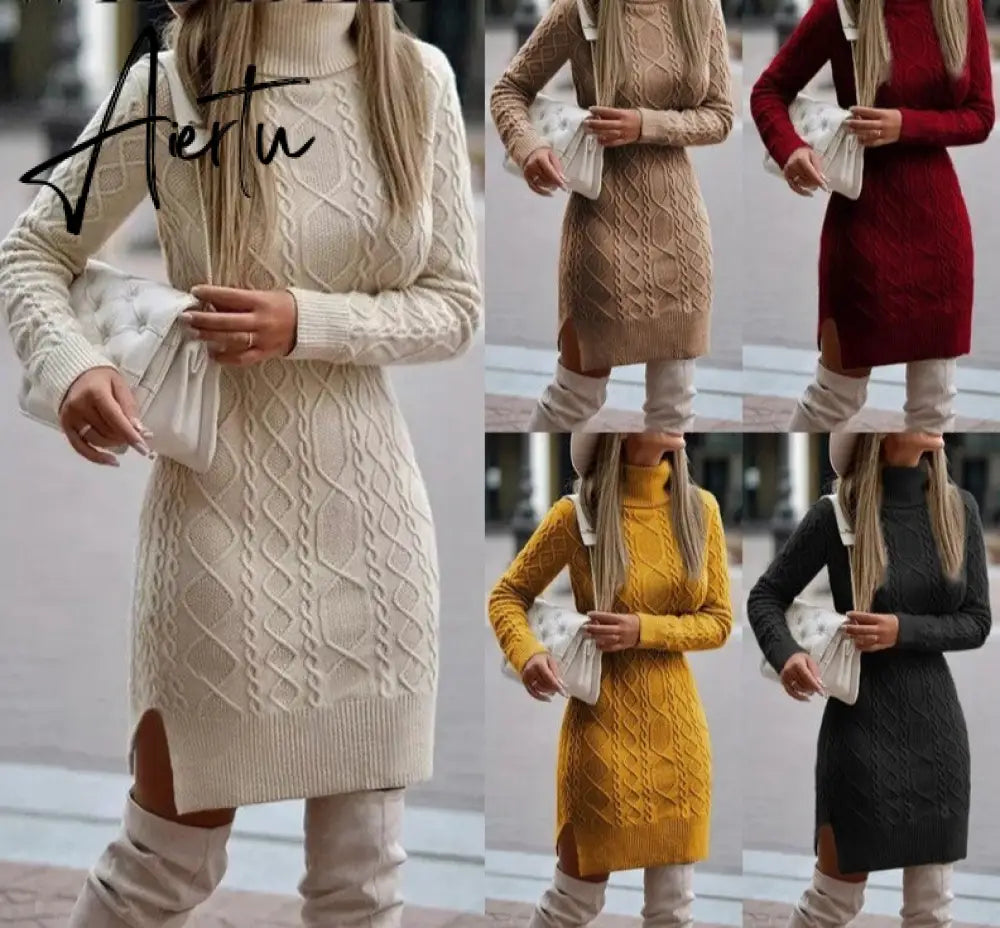WEPBEL Women Elegant Autumn Winter Knitted Sweater Dress Casual Ladies Solid Color Long Sleeve Turtleneck Split Bodycon Dress Aiertu