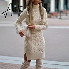 WEPBEL Women Elegant Autumn Winter Knitted Sweater Dress Casual Ladies Solid Color Long Sleeve Turtleneck Split Bodycon Dress Aiertu