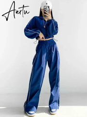White Black Sports Tracksuits Set Women Windbreak Fast Dry Cropped Zip Up Jackets Coat Top Wide Leg Baggy Pants Trousers Aiertu