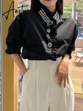White Blouse Women Shirts Beading Diamonds Button Up Shirt Ruffles Stand Collar Fashion Short Sleeve Cotton Casual Tops Aiertu