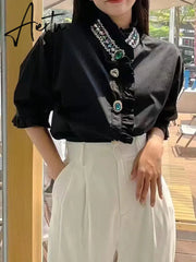 White Blouse Women Shirts Beading Diamonds Button Up Shirt Ruffles Stand Collar Fashion Short Sleeve Cotton Casual Tops Aiertu