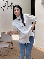 White Blouse Women Shirts Beading Diamonds Button Up Shirt Ruffles Stand Collar Fashion Short Sleeve Cotton Casual Tops Aiertu