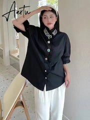 White Blouse Women Shirts Beading Diamonds Button Up Shirt Ruffles Stand Collar Fashion Short Sleeve Cotton Casual Tops Aiertu