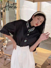 White Blouse Women Shirts Beading Diamonds Button Up Shirt Ruffles Stand Collar Fashion Short Sleeve Cotton Casual Tops Aiertu