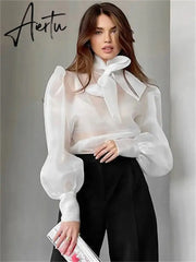 White Chiffon Top Shirts For Women Elegant Long Lantern Sleeve Mesh T-shirt See-Through Blouse Bow Sheer Ladies Shirts Aiertu