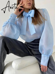 White Chiffon Top Shirts For Women Elegant Long Lantern Sleeve Mesh T-shirt See-Through Blouse Bow Sheer Ladies Shirts Aiertu