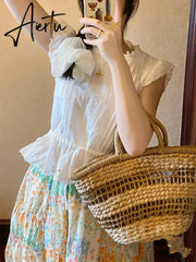 White cotton lace blouses shirt women back bow cotton blouses women ruffle lace shirt Aiertu