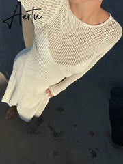 White Crochet Hollow Out Midi Dress For Women Long Sleeve Casual Dress Beach Holiday See-Through Summer Dress Cover-Up Aiertu