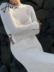 White Crochet Hollow Out Midi Dress For Women Long Sleeve Casual Dress Beach Holiday See-Through Summer Dress Cover-Up Aiertu
