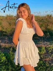 Aiertu White Dots Women Sleeveless Romper Tiered Wide Leg Summer Playsuit Elastic Smocking Square Collar Overall Aiertu