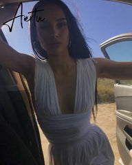 Aiertu White Elegant Pleated Plunge Deep V-Neck Sleeveless Dresses Evening Club Party Christmas Women Mini Dress Clothes Aiertu