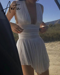Aiertu White Elegant Pleated Plunge Deep V-Neck Sleeveless Dresses Evening Club Party Christmas Women Mini Dress Clothes Aiertu