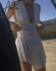 White Elegant Pleated Plunge Deep V-Neck Sleeveless Dresses Evening Club Party Christmas Women Mini Dress Clothes Aiertu