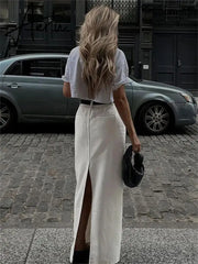 White Fashion High Waist Maxi Skirt Female Split Solid Pocket Streetwear Patchwork Casual Long Skirt For Women Maxi Skirt Aiertu
