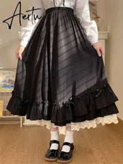White Long Skirts Women Japanese Style Lace Double Layer Skirt Female Fashion Sweet Loose Half Skirt Preppy Ruffled A-line Skirt Aiertu