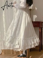 White Long Skirts Women Japanese Style Lace Double Layer Skirt Female Fashion Sweet Loose Half Skirt Preppy Ruffled A-line Skirt Aiertu
